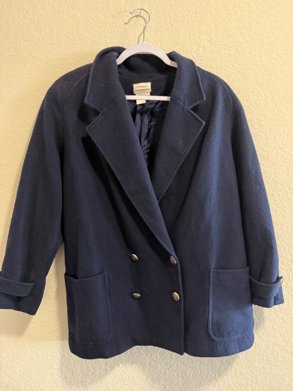 Susan Bristol Vintage 100% Merino Wool Navy Blue Blazer Size 12 Button Front